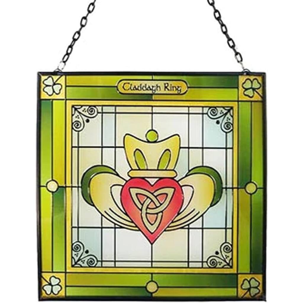 Multi Color Stained Glass Claddagh Ring Window Hanging and Irish Decor - 6.3” L x 6.3” H