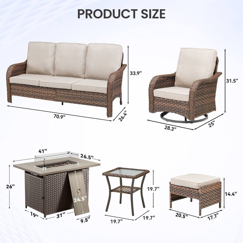 Pocassy Patio Sofa Swivel Chairs Ottoman with Fire Table Funiture