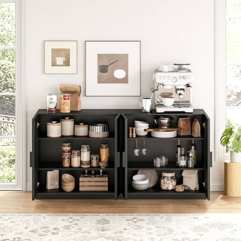 62"LX31"H Solid Wood Kitchen Pantry Sideboard Buffet Cabinet Storage with Rattan Doors