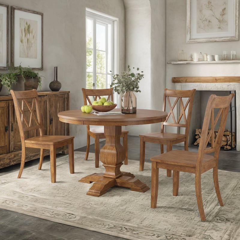 Ronda 45" Round Solid Wood Top Dining Set with X-Back Chairs - Oak Table - Oak Chairs
