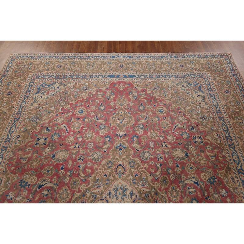 Traditional Pink Mashad Persian Vintage Rug Hand-Knotted Wool Carpet - 9'4" x 12'5"
