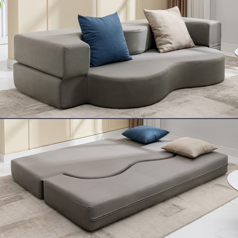Mixoy Convertible Futon Sofa Bed, Foldable, Foam Folding Mattress Sleeper, Cloth Fabrics Floor Couch Lounge Sleeper Bed - 74.8in*53.94in*8.66in - Light Grey