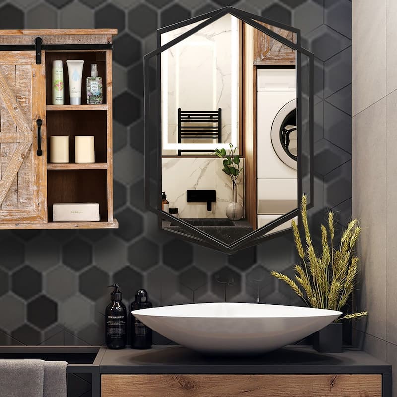 Black Metal Hexagon Frame Wall Accent Mirror, Bathroom Wall Mirror - 31.75" H x 22" W x 1.25" D