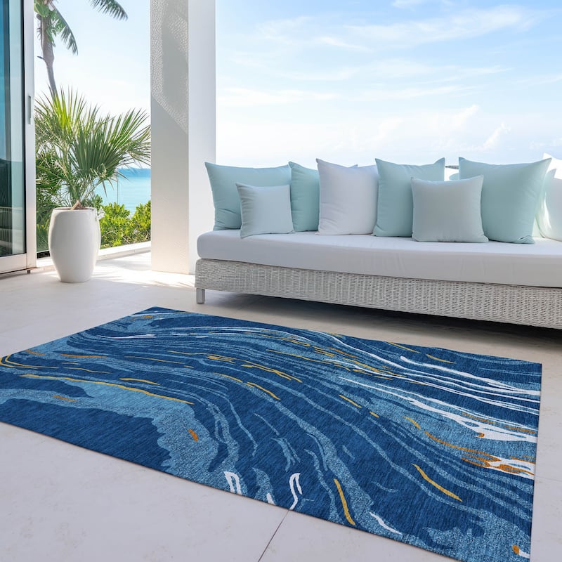 Machine Washable Indoor/ Outdoor Modern Wave Chantille Rug