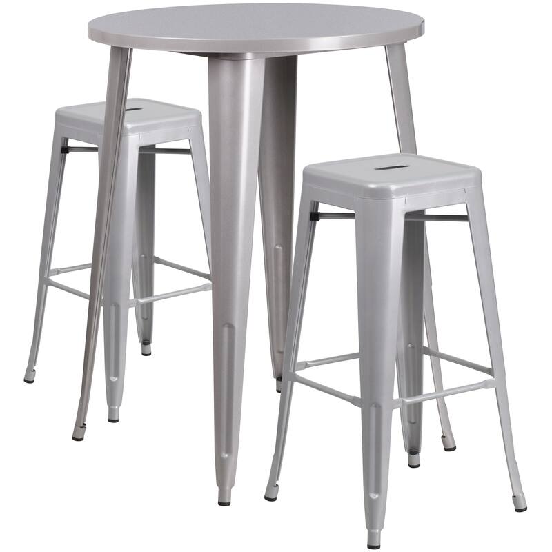 30'' Round Metal Indoor-Outdoor Bar Table Set with 2 Square Seat Backless Stools - 30"W x 30"D x 41"H - 30"W x 30"D x 41"H