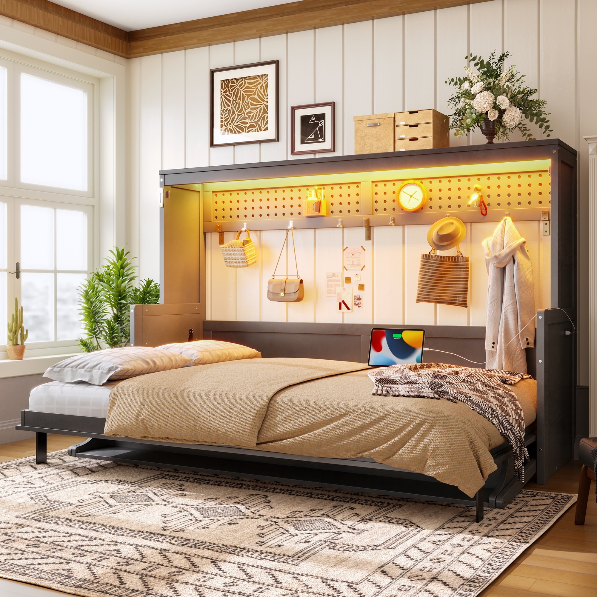 Roomfitters Murphy Platform Bed, Desk, Charging Station & LED Lights, Folding Wall Bed & Pegboard, 550 lb Limit