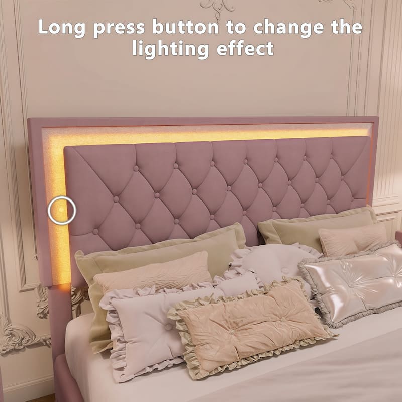 Full Size Velvet Platform Upholstered Bed with LED Lights,Headboard