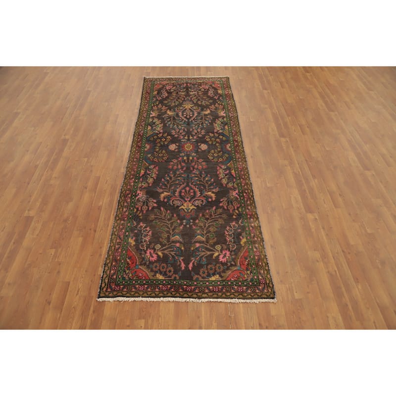 Hand Knotted Oriental 100% Wool Carpet Traditional Floral Greys & Charcoal Hamedan Runner Rug - 9' 11'' X 3' 7''