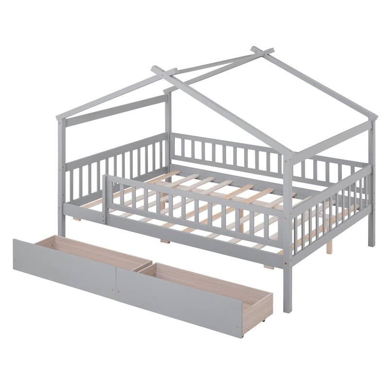 Full Size Wooden House Bed with Two Drawers and Headboard
