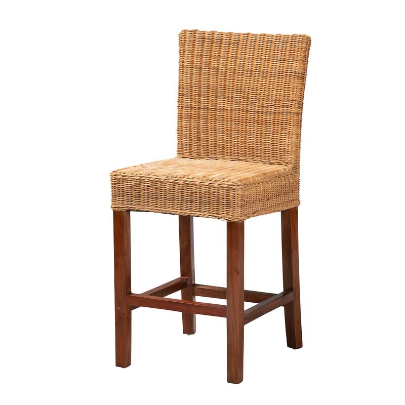 Racquel Modern Bohemian Natural Rattan and Mahogany Wood Counter Stool - Natural Brown, Walnut Brown