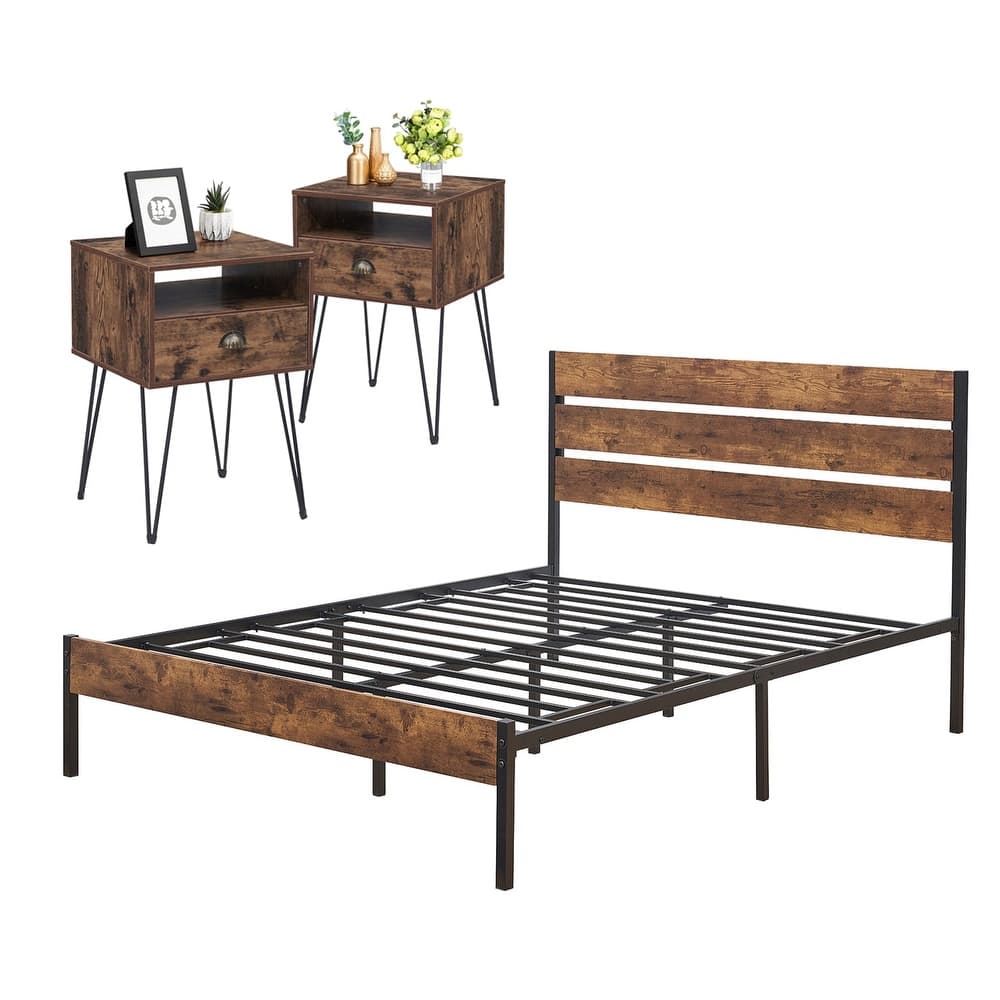 3-Pieces Bedroom Set with Rustic Brown Platform Bed Frame and Nightstands Set of 2