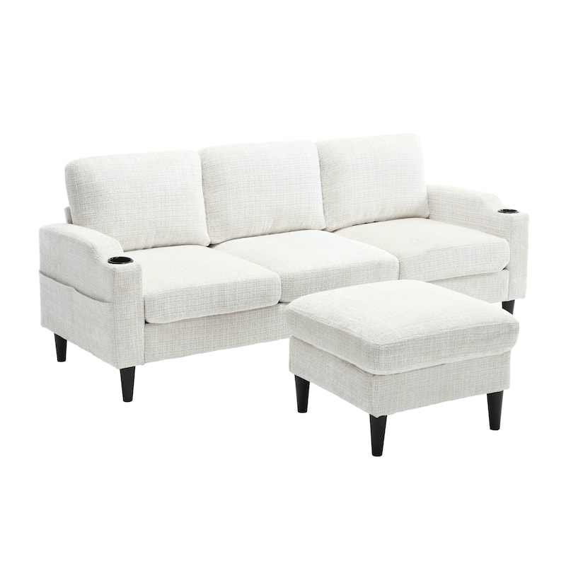Modular Sectional Sofa with Storage Ottoman, Comfy Chenille Fabric Sofa, 3-Seater Sofa with Side Pockets & 2 Cup Holders