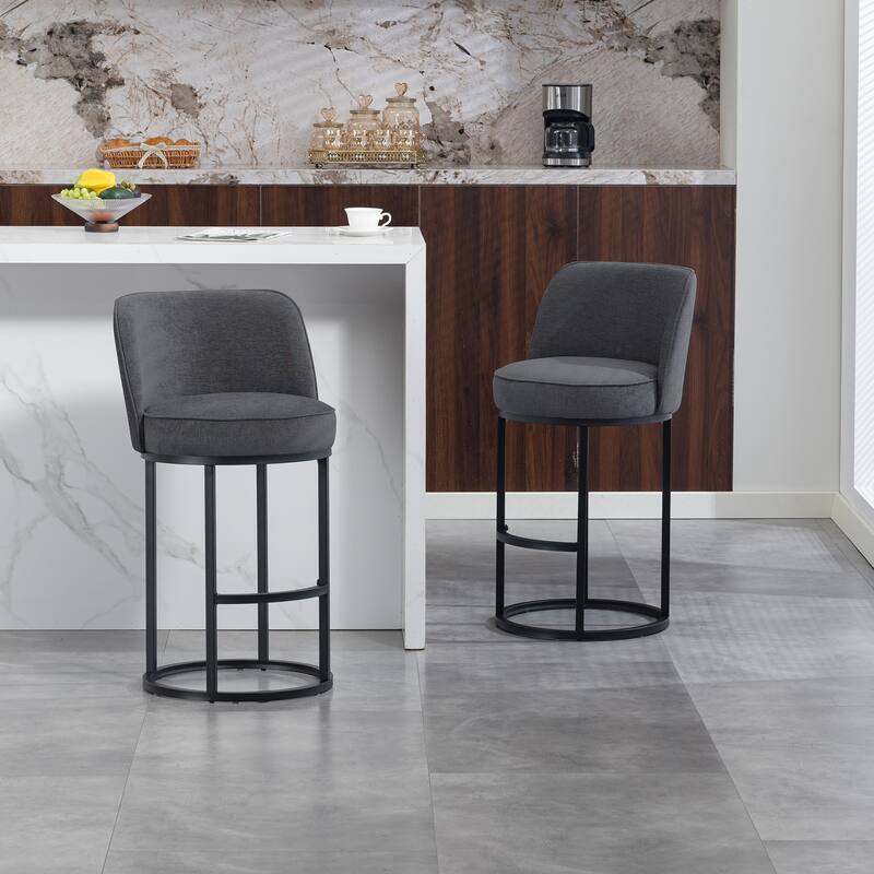 Counter Height Bar Stools Set of 2, Modern Barrel Counter Stools with Backrest, Linen Fabric Upholstered Accent Bar Stools