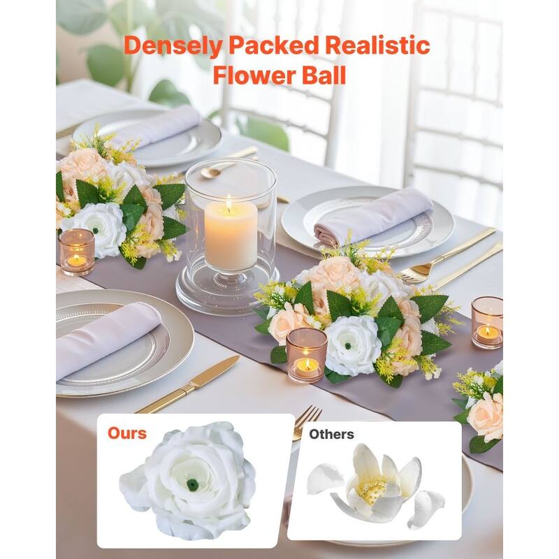 Champagne-White Silk Flower Balls Set of 10 with Plastic Base for Decor - 9.45 x 9.45 x 4.27 inch
