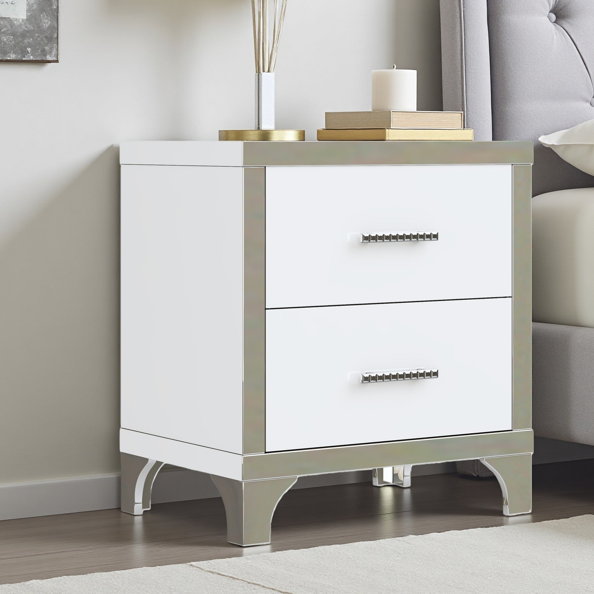 22.4"L High Gloss Nightstand with 2 Drawers, Mirrored MDF Bedside Table with Metal Handles for Bedroom and Living Room