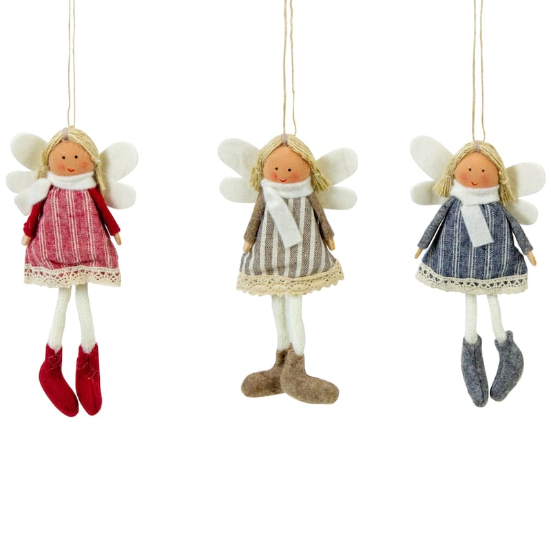 Angel Doll with Wings Christmas Ornaments - 6" - Red, Brown and Blue - Set of 3