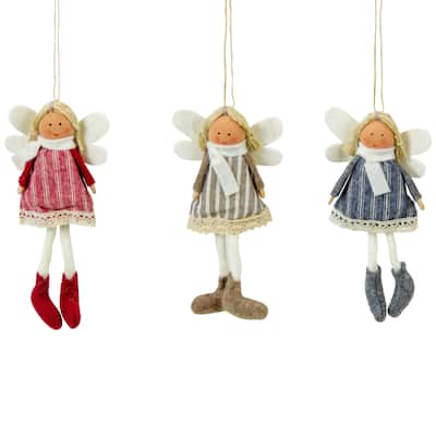 Angel Doll with Wings Christmas Ornaments - 6" - Red, Brown and Blue - Set of 3