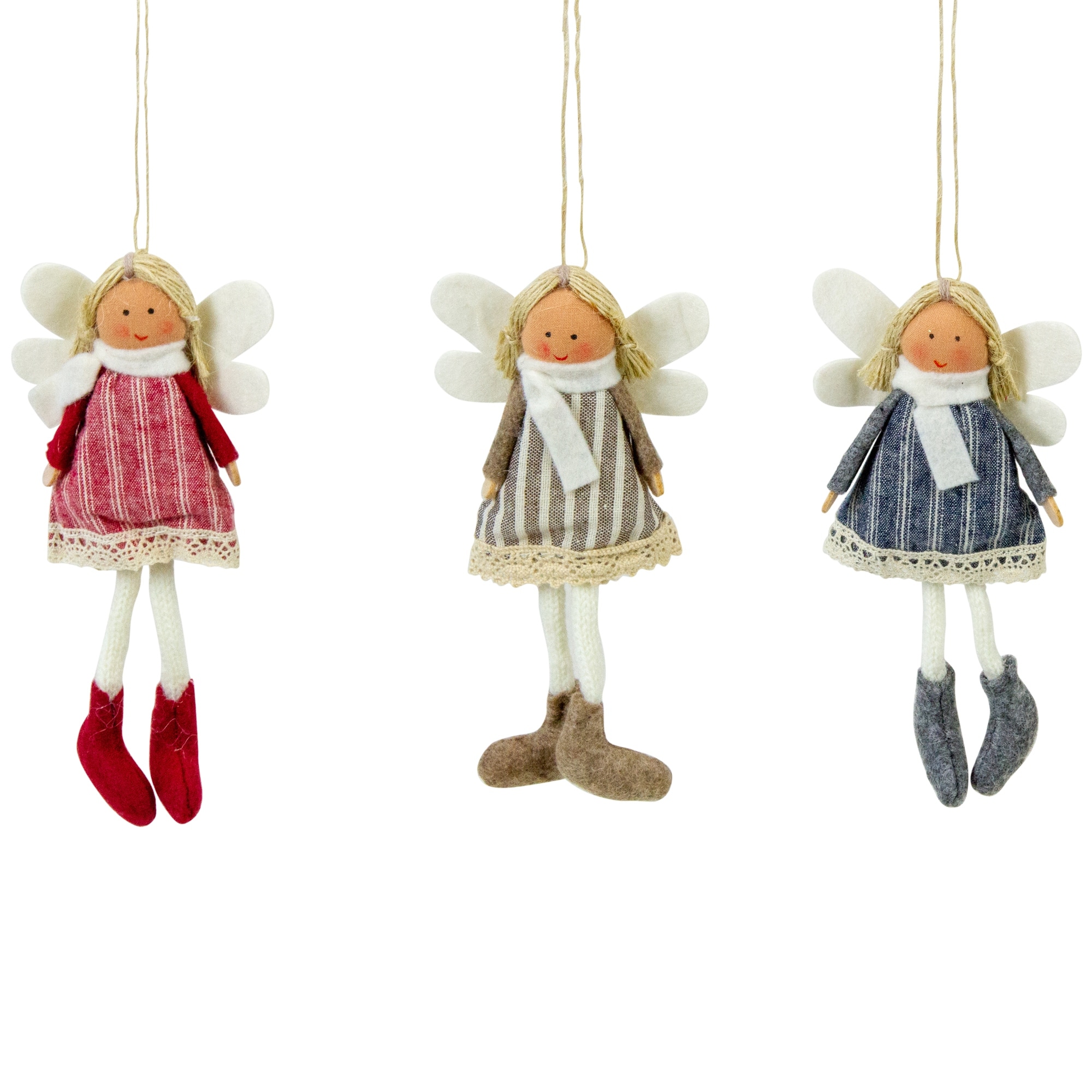 Angel Doll With Wings Christmas Ornaments 6" Red, Brown Blue Set of 3