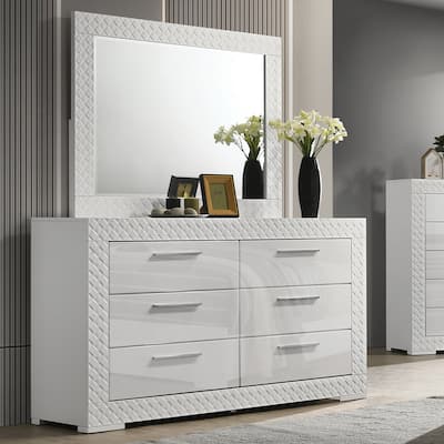 Furniture of America Zollan Glam 2-Piece Glossy White 6-Drawer Dresser and Mirror Set