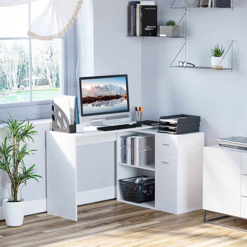 Adjustable L-Shaped Computer Desk with Storage Shelves,Drawer and Cabinet - White