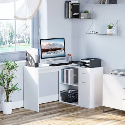 Adjustable L-Shaped Computer Desk with Storage Shelves,Drawer and Cabinet