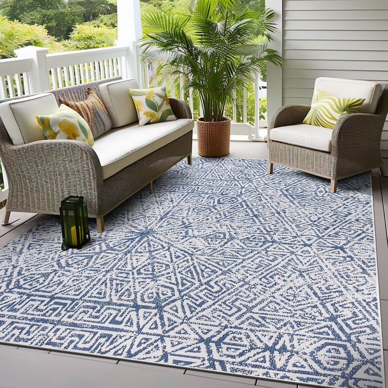 World Rug Gallery Contemporary Geometric Indoor/Outdoor Area Rug - 7' 10" x 10' - Blue
