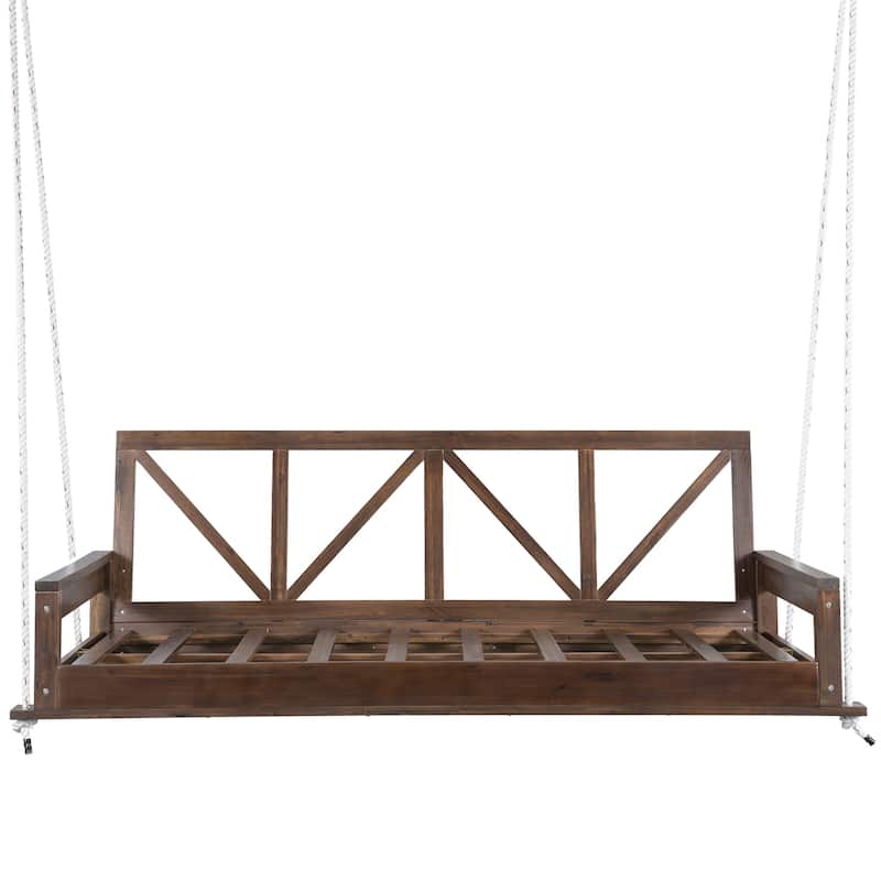 Acacia Wood Twin Size Patio Swing Bed Modern Porch Swing Hanging Bed Frame with 16.4ft Hemp Ropes