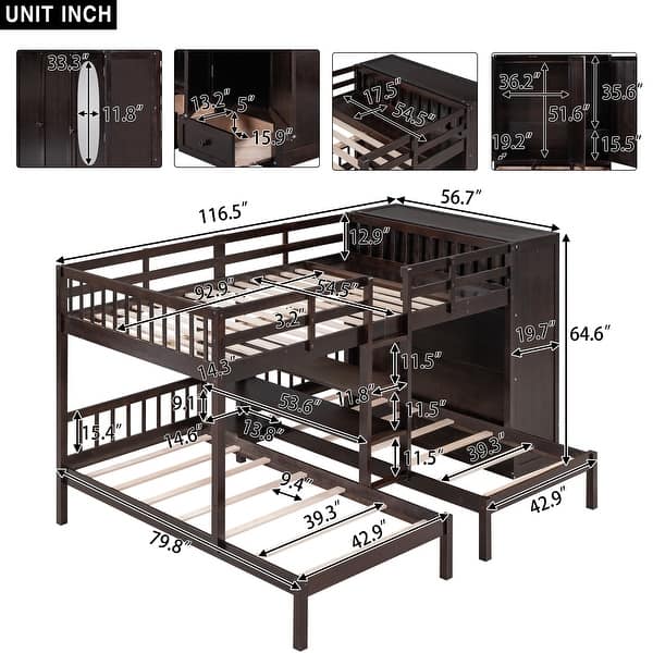 dimension image slide 2 of 3, Minimalist Design Full-Over-Twin-Twin Bunk Bed with 3 drawers,Shelves, Wardrobe and Mirror,Store Books,Display Decorations
