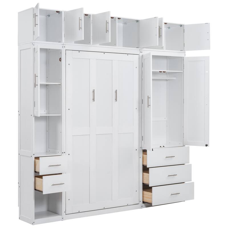 Space-Saving Twin Murphy Bed with Lockers and Wardrobes, White