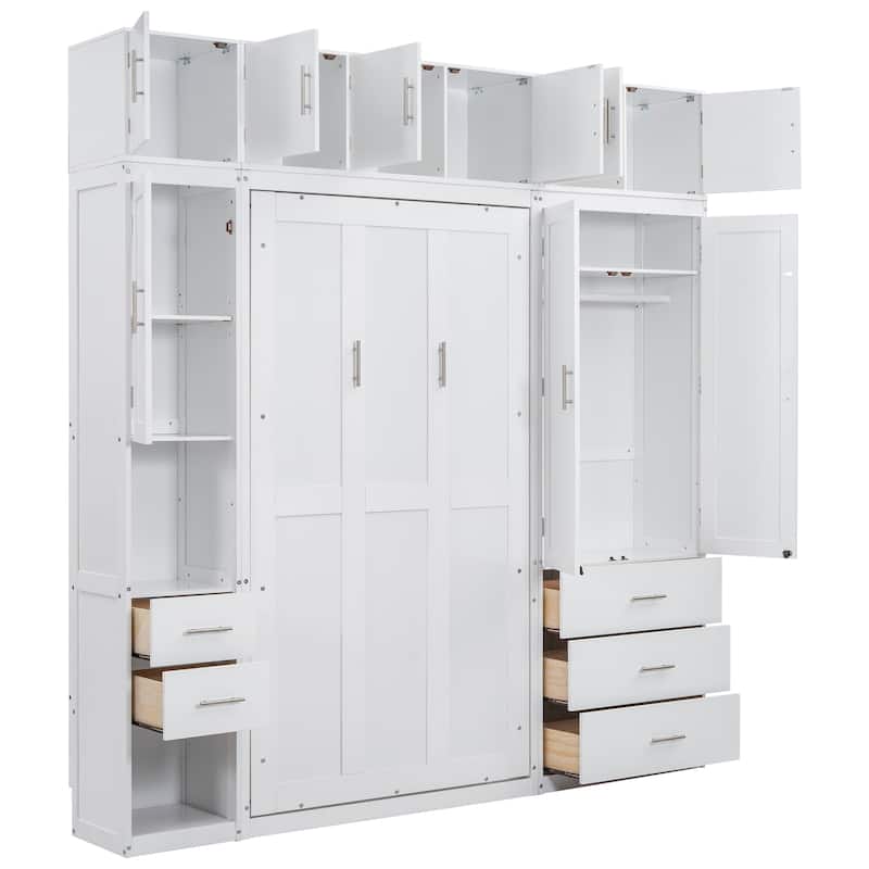 Twin/Full Hidden Murphy Bed Cabinet with Storage Shelves & Drawers, Wooden Folding Wall Bed Chest Frame with Lockers & Wardrobes