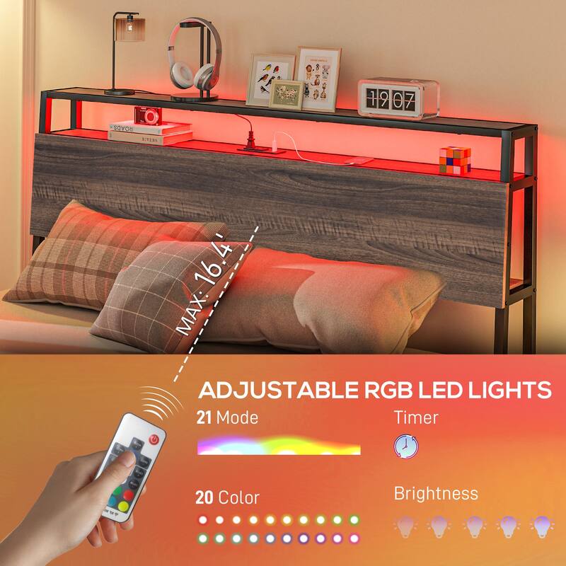 Walnut Platform Bed Frame with USB Charging and RGB LED Lights 3-Tier Storage and Noise-Reducing Mats