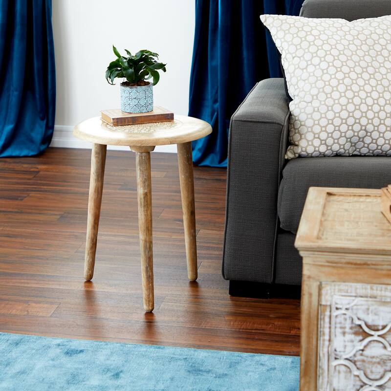 Mango Wood Handmade Intricately Carved Floral Accent Table with Tripod Legs - Dark Brown, White, Brown