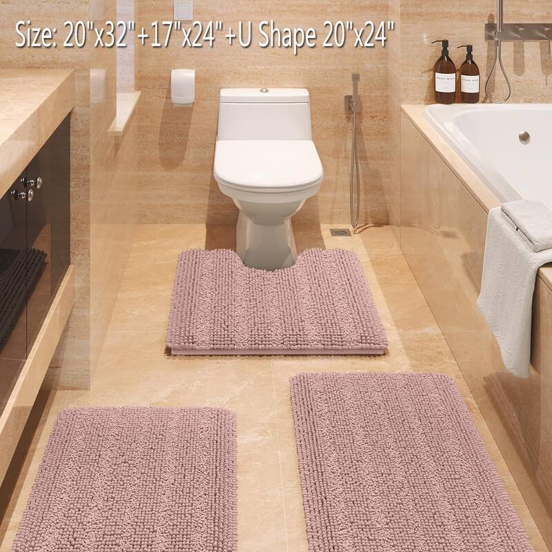 Ultra Soft Striped Non Slip Chenille Bathroom Rug Set 3 Pieces - Dusty Pink