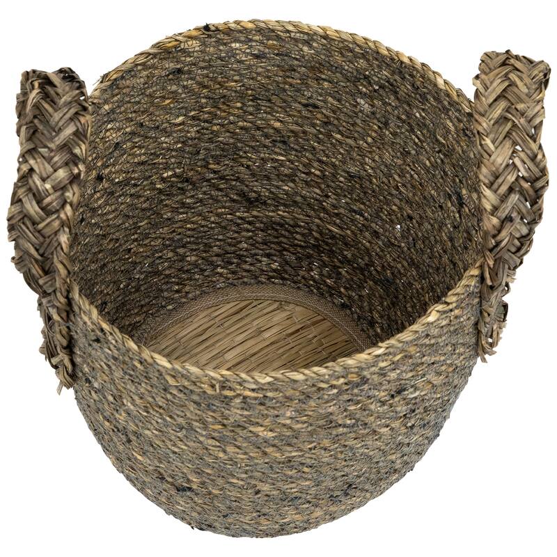 Set of 3 Dark Brown Round Seagrass Storage Baskets with Braided Handles 13.5"