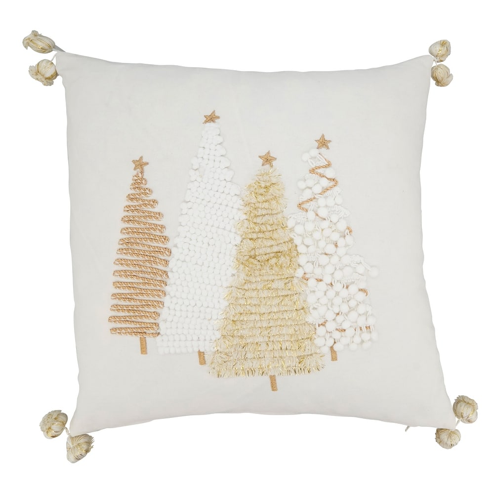 Joyful Christmas Trees Throw Pillow with Pom-Pom Trim