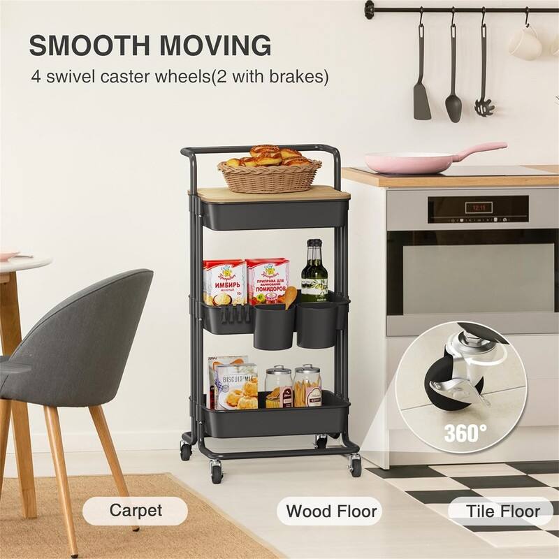 3 Tier Utility Rolling Cart - 15.6"D x 16.5"W x 35.4"H