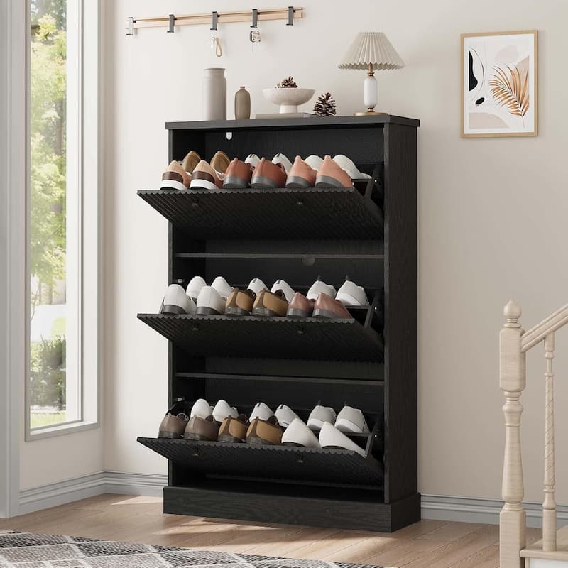 Freestanding Fluted Shoe Cabinet Organizer for Entryway, Hallway, Living Room with 3 Flip Drawers - Black