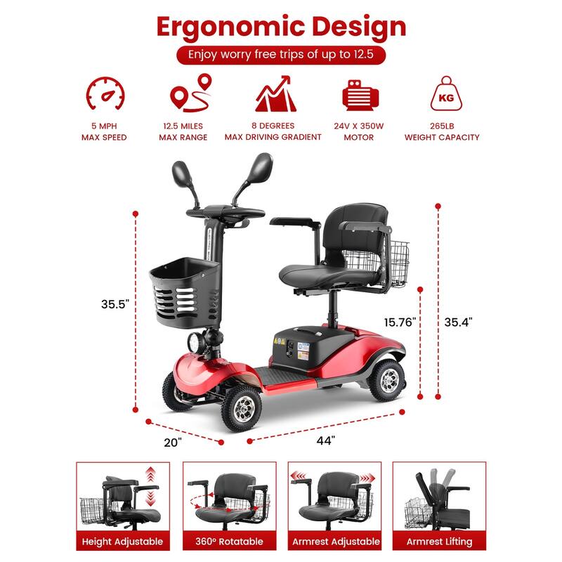 Folding Mobility Scooter for Adults 350W Motor 12V20AH Batteries All Terrain