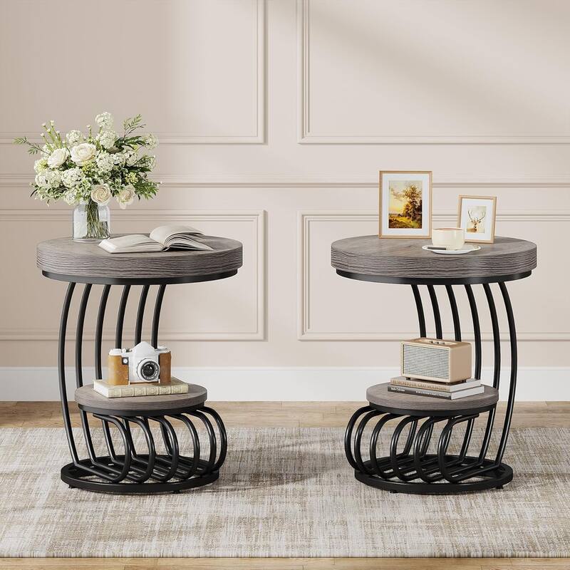 2 Tiers Round End Table with Shelf Storage, Arc-Shaped Side Sofa Table - Grey - 2 PCS