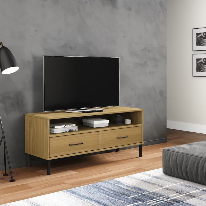 vidaXL TV Stand TV Console TV Console with Metal Legs Solid Wood Pine OSLO - 41.7" x 15.7" x 18.3" - Brown