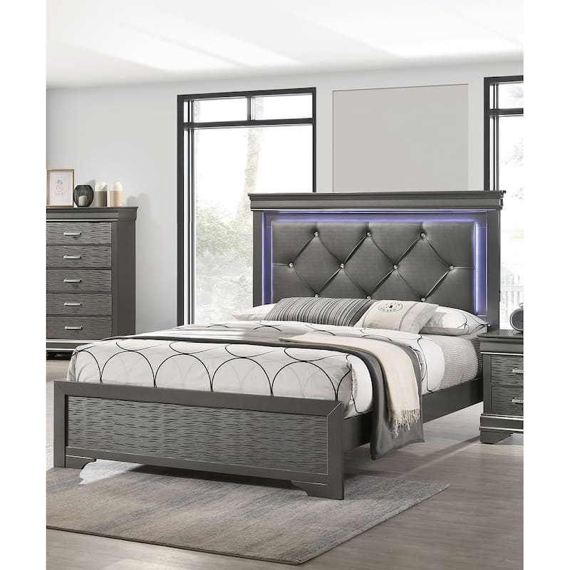 Queen Size Dark Gray Faux Leather Tufted LED Headboard Bed with Unique Textured Footboard - Dark Gray