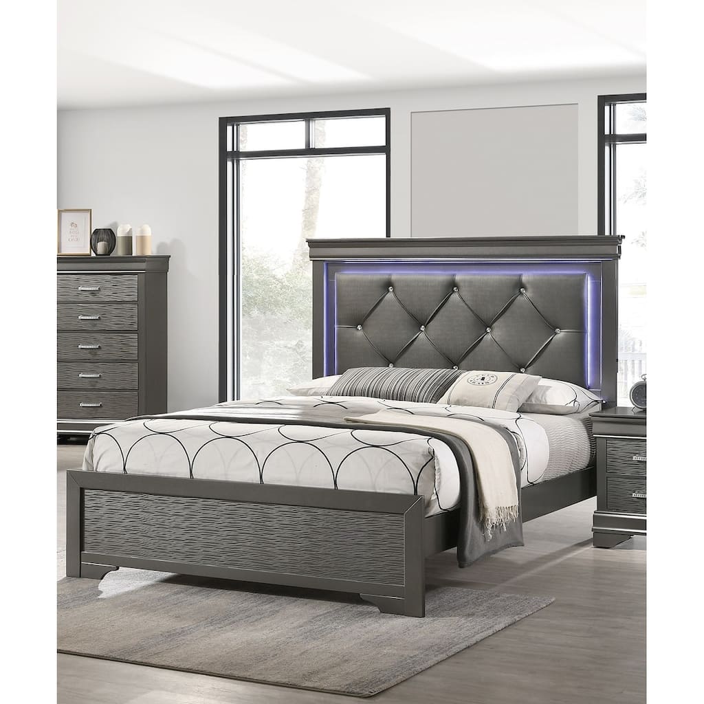 Queen Size Dark Gray Faux Leather Tufted LED Headboard Bed with Unique Textured Footboard
