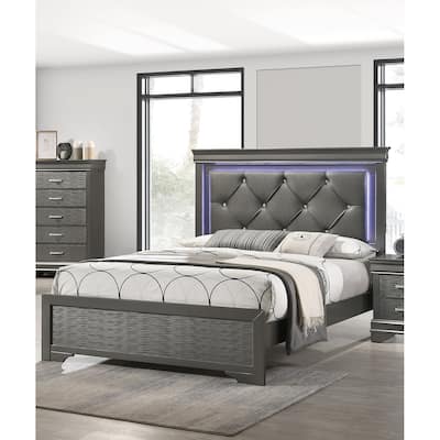 Queen Size Faux Leather Platform Bed with LED Tufted Headboard and Textured Footboard and Solid Wood Frame