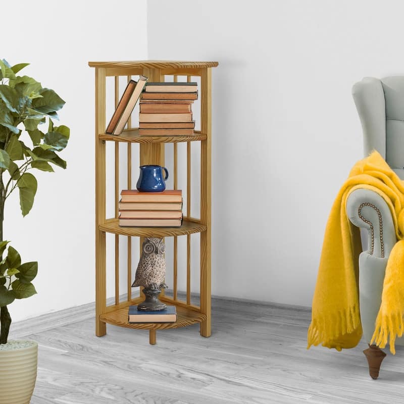 Mission 4-shelf Corner Folding 100% Solid Wood Bookcase