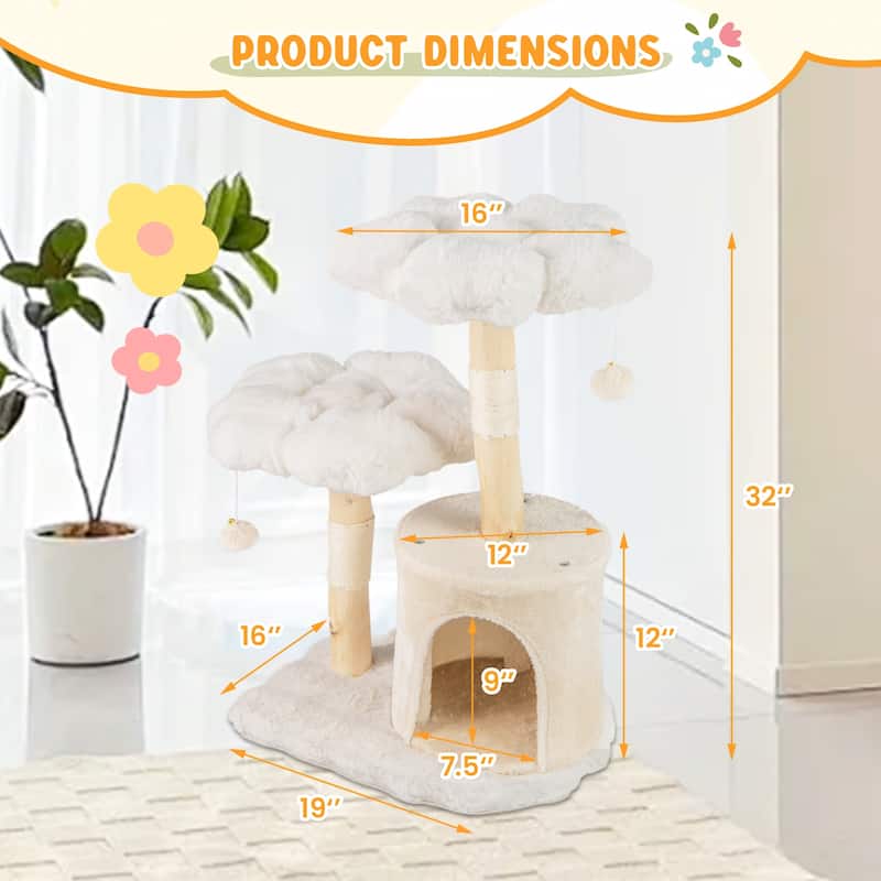 Cute Solid Wood Cat Tree Natural Branch Modern Flower Cat Tower with Sisal Scratching Posts - 19" x 16" x 32"