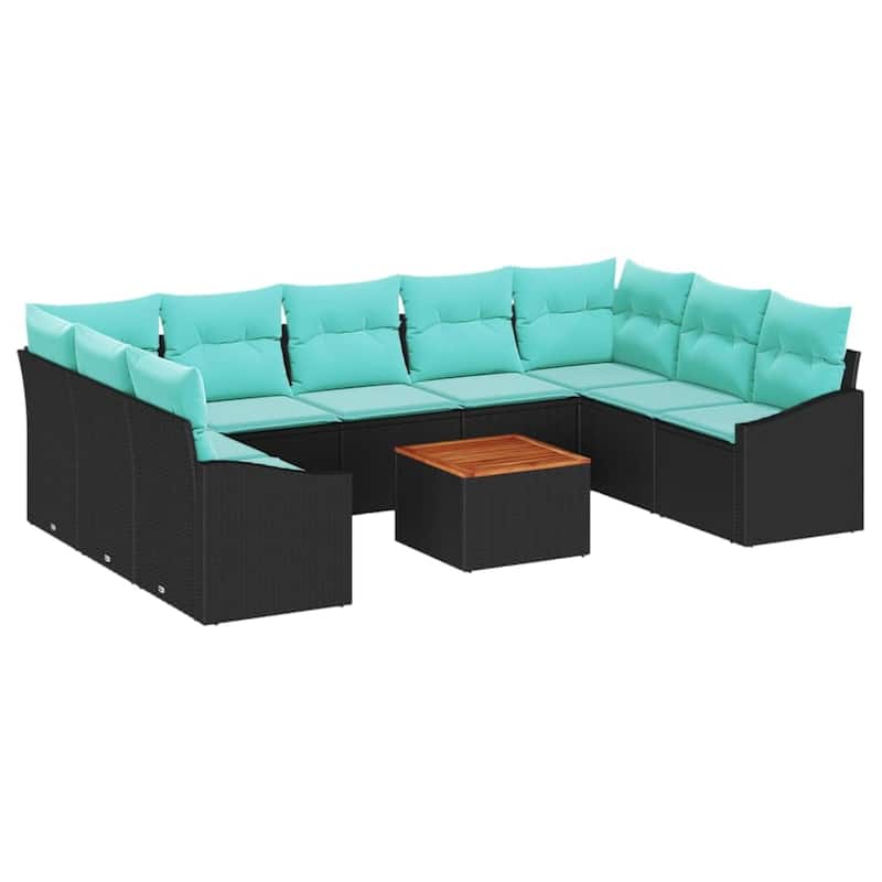 vidaXL 10 Garden Sofa Set with Cushions Black/Grey Poly Rattan - 113.8 x 70.3 x 27.2