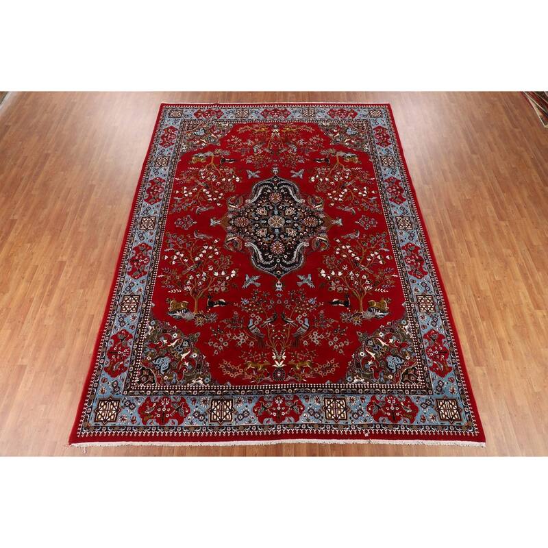 Animals Red Pictorial Kashan Turkish Area Rug Machine Made Carpet - 9'7" x 13'1"