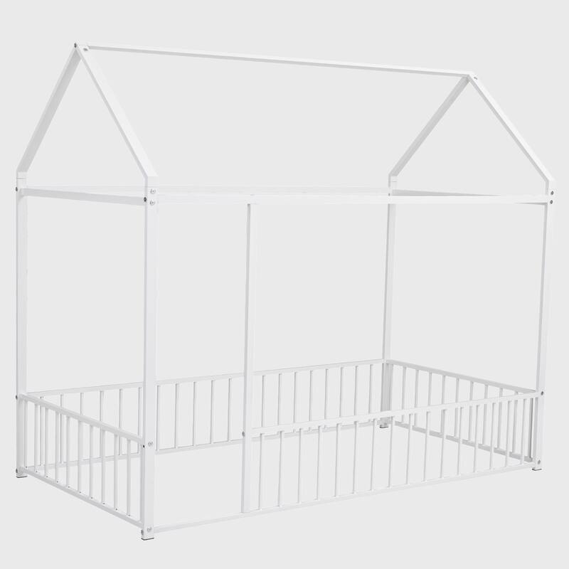 Twin Size Metal Bed House Bed Frame with Fence