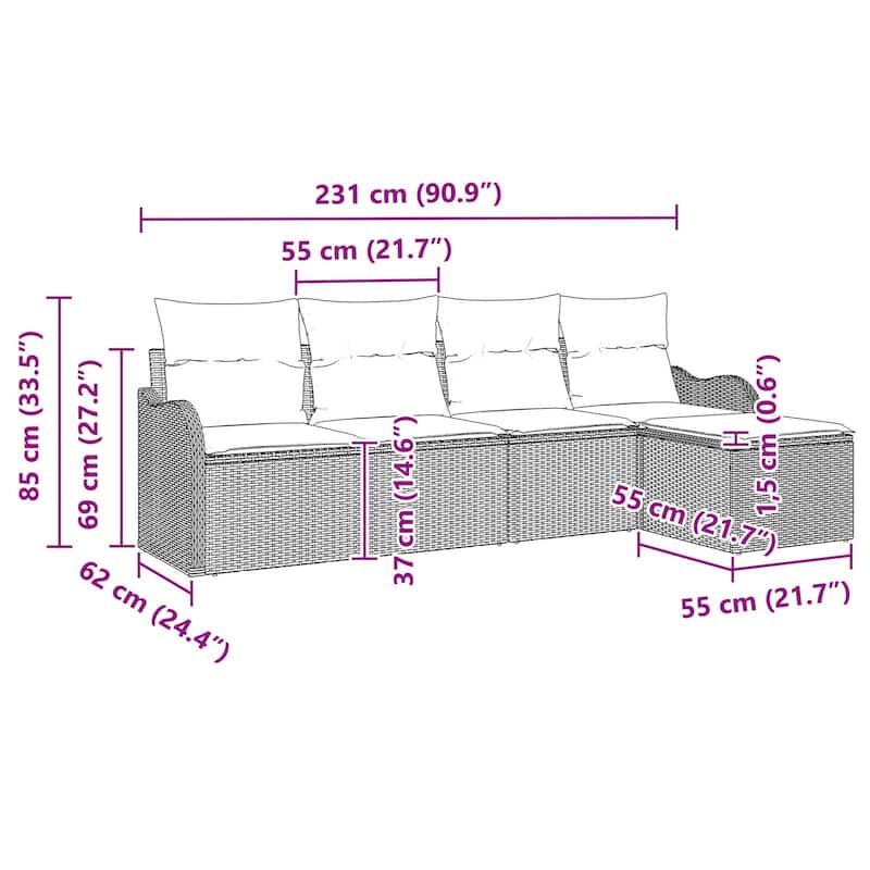 vidaXL 5/6 Garden Sofa Set with Cushions Black/Brown/Grey Poly Rattan - 90.9 x 24.4 x 27.2