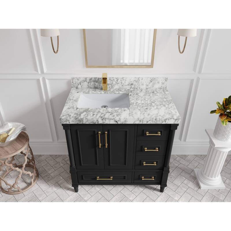Willow Collections 36 in. W x 22 in. D Aberdeen Left Offset Sink Bathroom Vanity with Countertop - 2" Carrara Marble - Black
